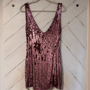 Free People Mauve Low Cut Open Back Allover Muted Sequin Mini Dress Medium